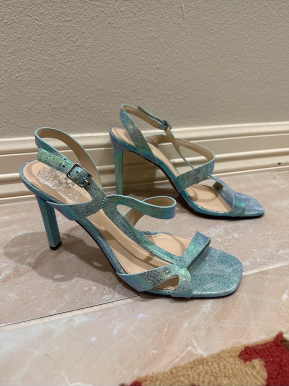 Vince Camuto Shimmery Teal Strappy High Heel Sandals